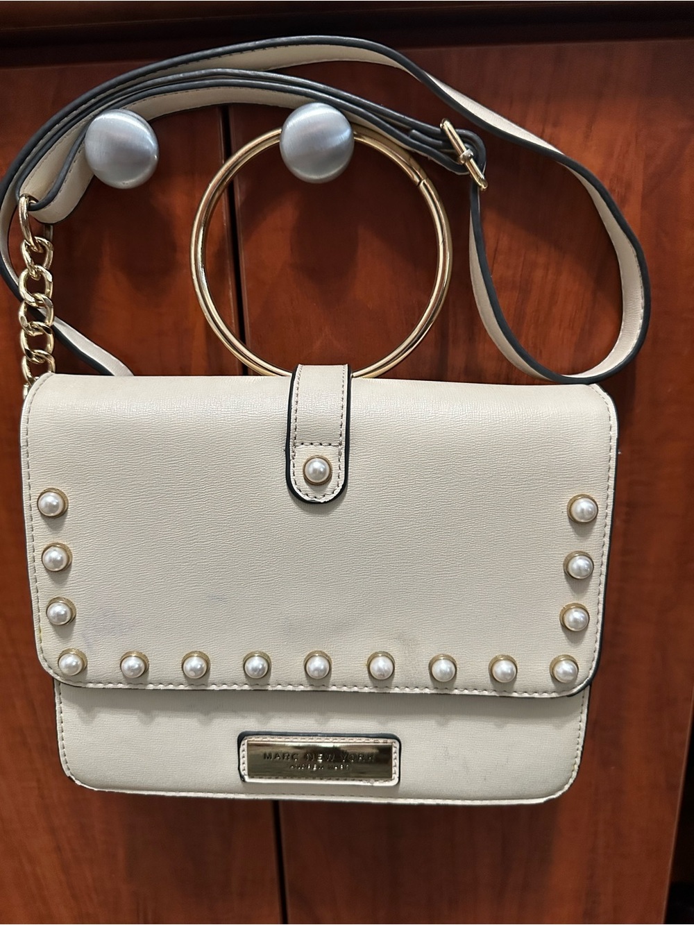 Marc New York Andrew Marc Cream Pearl-Trim Crossbody Bag with Gold Ring Handle